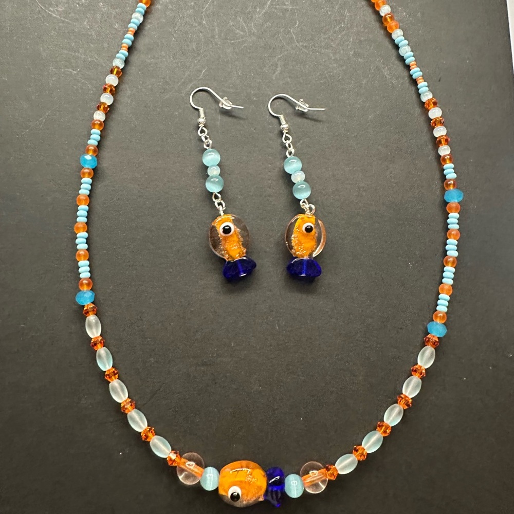 Earth Art Hand Crafted Orange and Blue Beaded Necklace Set